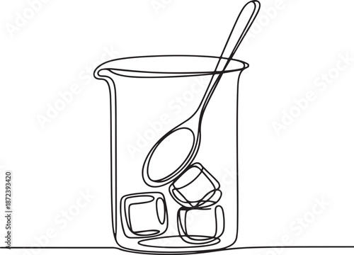 Continuous Line Art Illustration of Glass Beaker, Spoon, and Ice Cubes in Fluid Balanced Composition