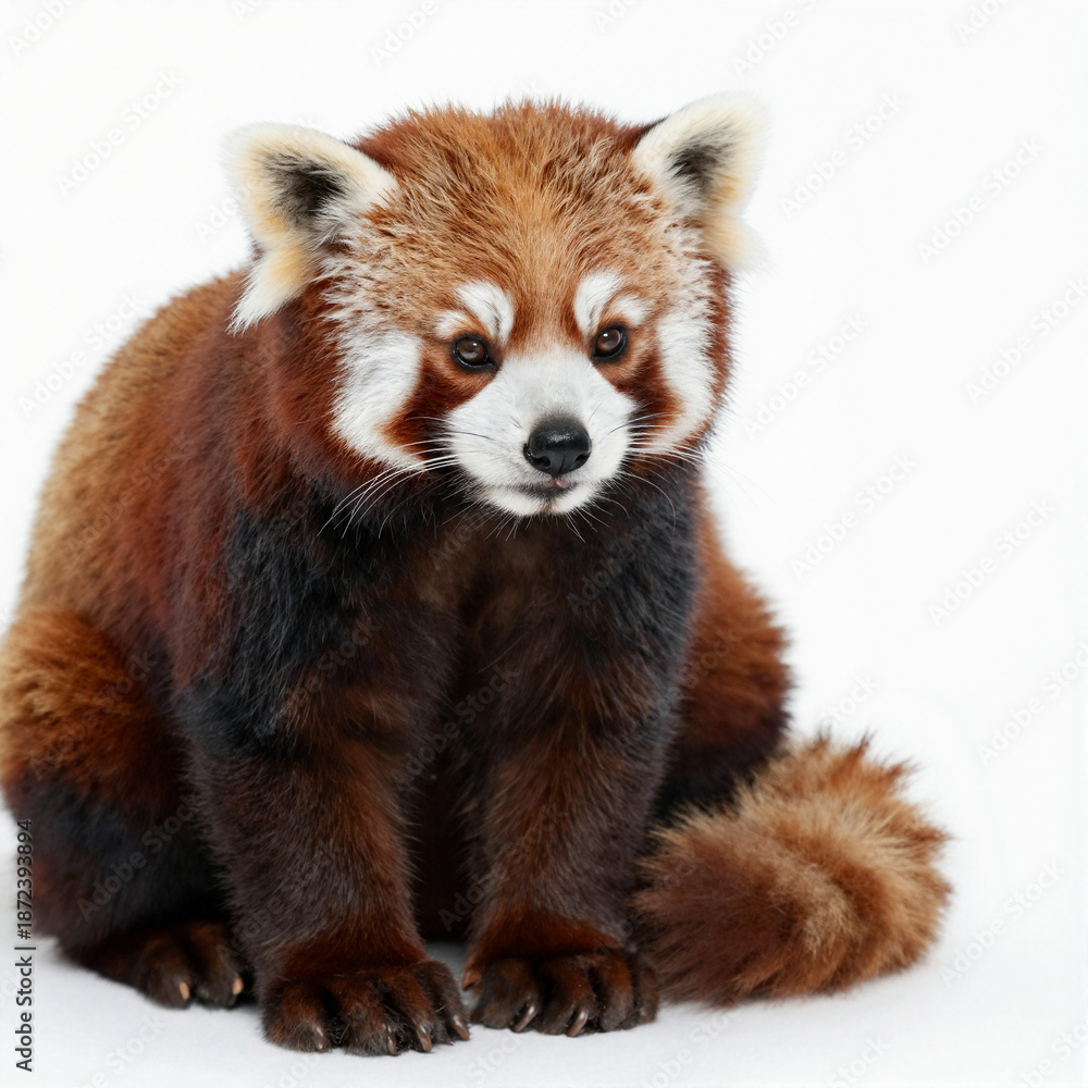 Obraz premium Close-up of a red panda sitting calmly on a white backdrop with fluffy reddish-brown fur and white facial markings