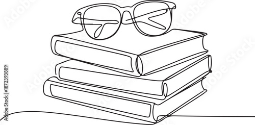 Continuous Line Art Illustration of Small Pile of Books with Glasses Resting on Top