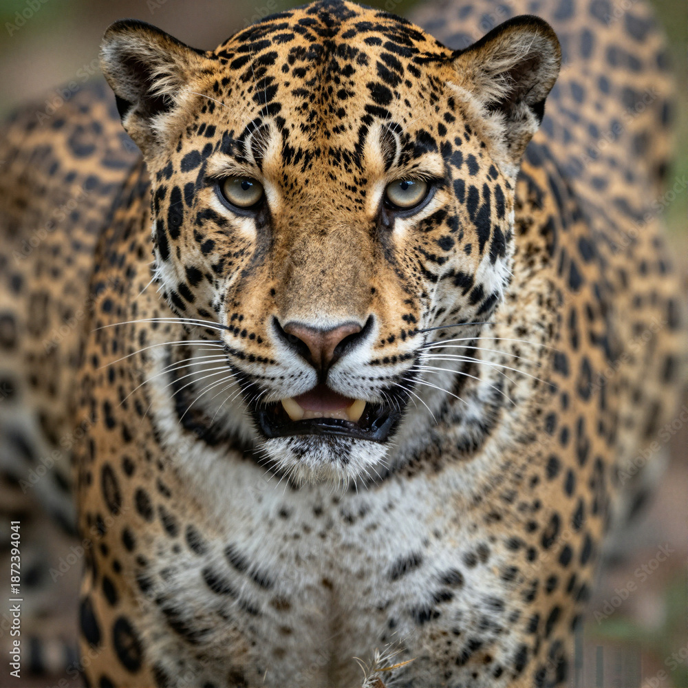 Fototapeta premium Close-up portrait of a jaguar with tawny fur and black rosette spots, intense eyes, and a slightly open mouth showing fangs