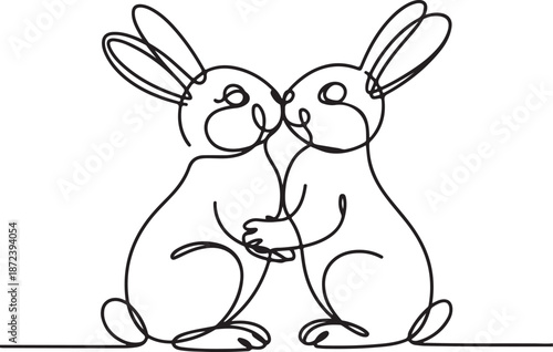 Continuous Line Art Illustration of Two Rabbits Facing Each Other Affectionately