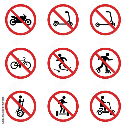 Personal transport prohibition signs icons set