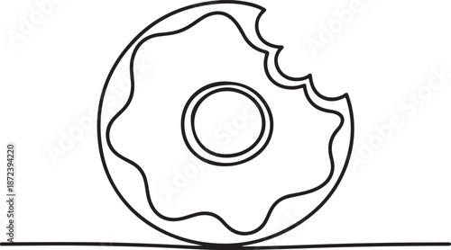 Continuous Line Art Illustration of Bitten Donut with Glaze and Minimalist Detail