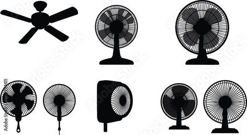 Fan silhouettes collection featuring ceiling, pedestal, desk, wall-mounted, and box fan designs for household cooling appliance vector illustration themes
