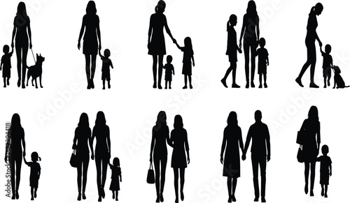 Family silhouette illustration, mother and children walking, parent with kids vector, black and white people design, child and parent relationship art