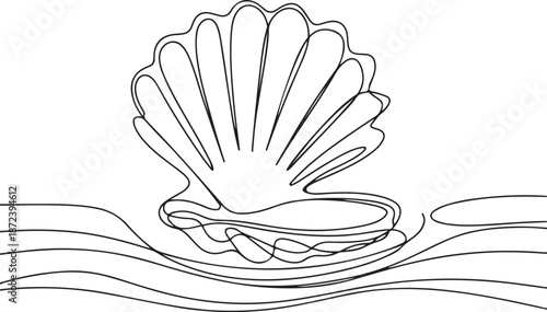 Continuous Line Art Illustration of Seashell Partially Submerged in Gentle Wave Lines