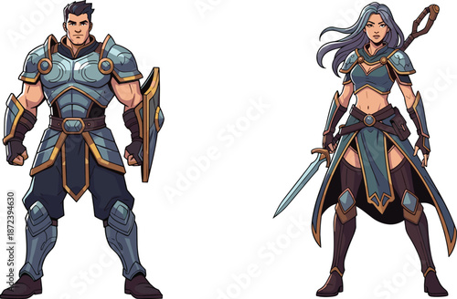 Fantasy warrior characters, male knight in armor, female warrior with sword, medieval battle heroes, role playing game, adventure illustration, epic art