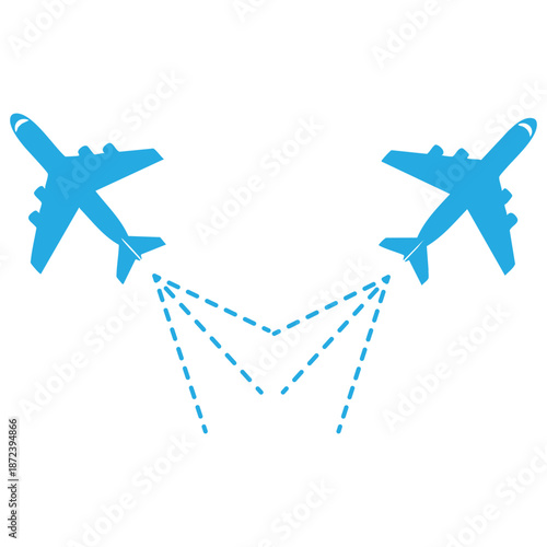 Blue airplanes flying with dashed lines representing travel routes between them
