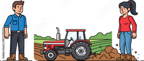 Farmers working together in agriculture field, modern red tractor plowing soil, farming lifestyle, rural countryside, sustainable agriculture, farmland cultivation process