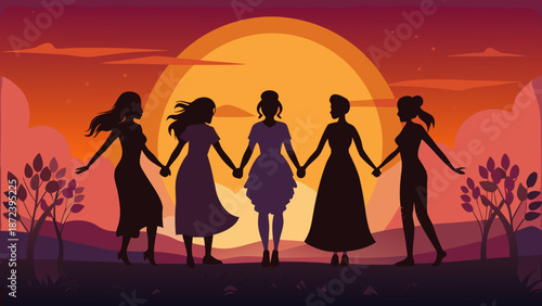 United women silhouettes holding hands at a beautiful sunset symbolizing sisterhood