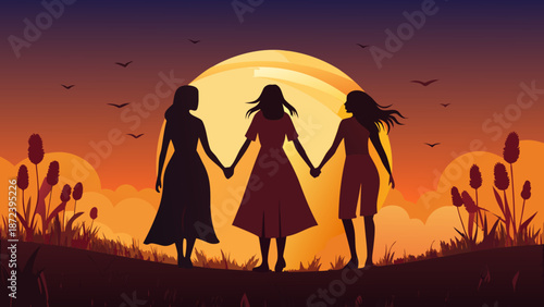 Three female friends holding hands silhouetted against a beautiful sunset or full moon