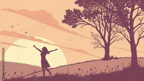 A woman embracing the serene sunset on a tranquil hill, celebrating freedom and nature
