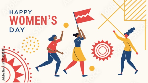 Diverse women celebrating their strength and unity on happy women's day with a flag