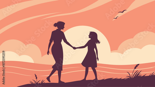 A mother and daughter holding hands, walking together during a beautiful sunset