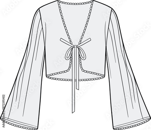 fashion, apparel, garment, clothing, blouse, cropped, top, illustration, sketch, vector, design, template, outline, pattern, textile, fabric, vneck, bow, tie, scalloped, sleeves