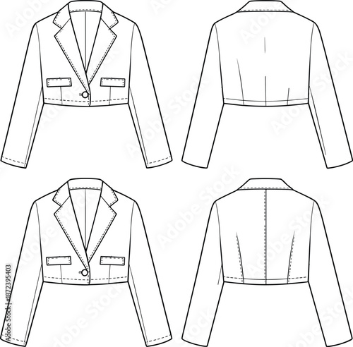 fashion, apparel, garment, clothing, blazer, jacket, cropped, outerwear, illustration, sketch, vector, design, template, outline, pattern, textile, fabric, lapel, button, pocket, tailored