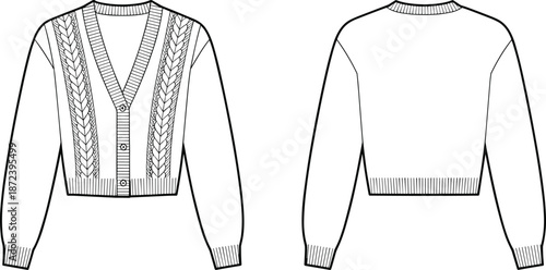 fashion, apparel, garment, clothing, knitwear, cardigan, sweater, pullover, jumper, illustration, sketch, vector, design, template, outline, pattern, textile, fabric, ribbed, vneck, button