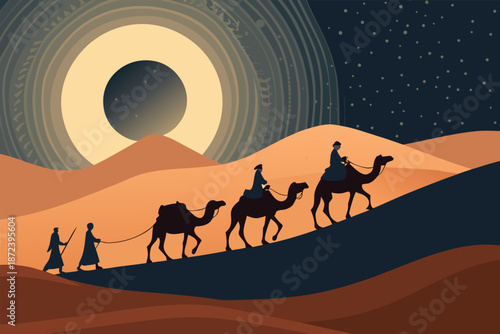 Ancient Desert Caravan Under Eclipse Sky