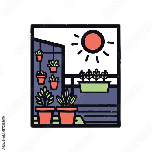 Sunny balcony garden illustration with various potted plants, urban green space, home gardening, and a vibrant outdoor scene.