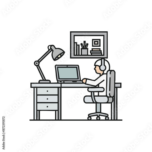 Person wearing headphones working on a laptop at a desk with a lamp and bookshelf in a simple line art style