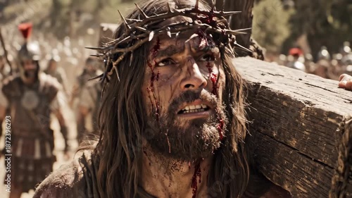 Man, god Jesus Christ carrying a wooden cross on his shoulder with blood and crown of thorns on his head. Passion of Christ film.