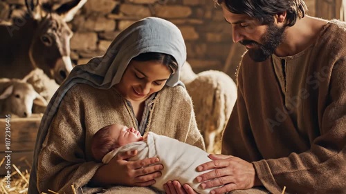 Woman and man with baby recreating the nativity scene in a stable, depicting the birth of Christ for religious storytelling