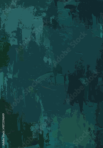 This dark teal abstract artwork contains layered paint textures with deep shadows and moody tones