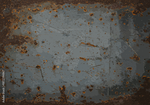 Weathered slate grey metal surface with heavy orange rust decay and intricate fine scratch marks