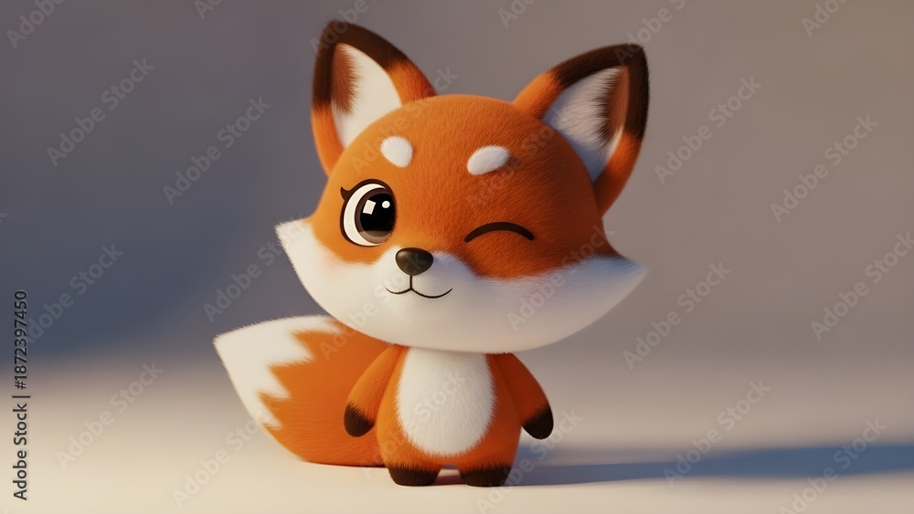 Obraz premium A clever and adorable 3D fox character with soft orange fur. Its cute blinking pose and thick tail give it a friendly and playful feel in a minimalist design style.