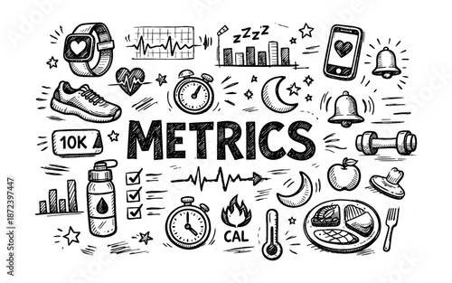 Hand-drawn doodles illustrating health and fitness metrics with the word METRICS prominently displayed