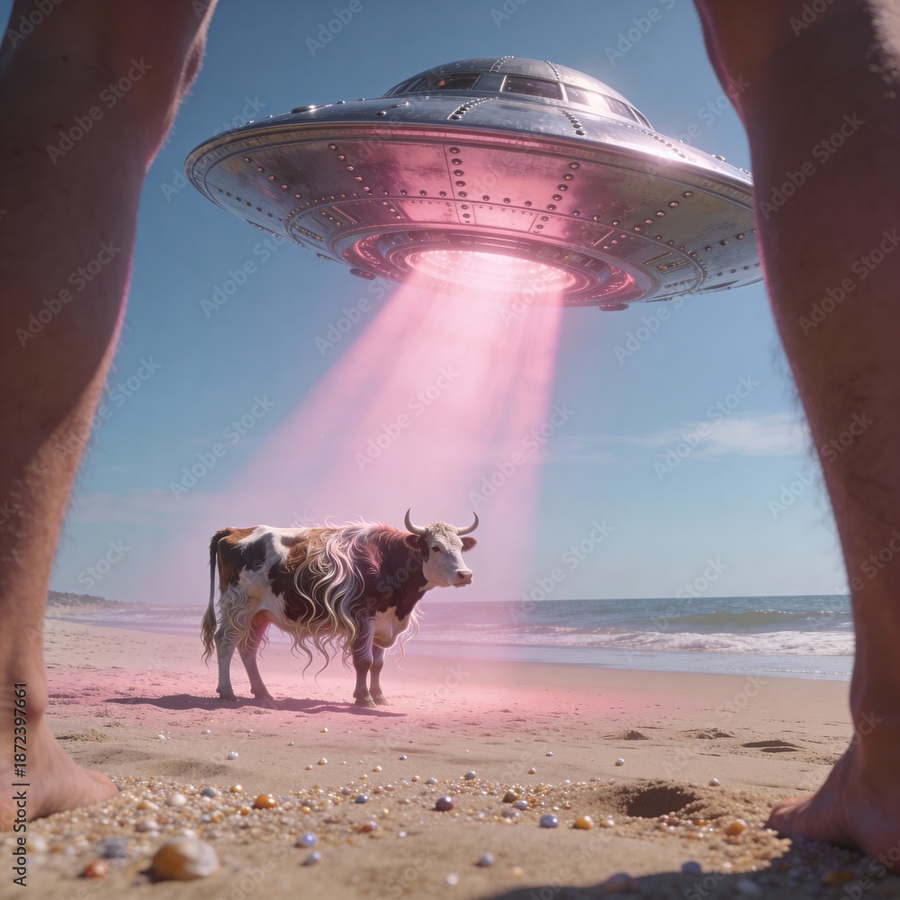 Obraz premium UFO Abduction - cow Beam, Surreal Image