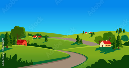 Green Countryside Landscape with Winding Road and Small Village Flat Vector Illustration