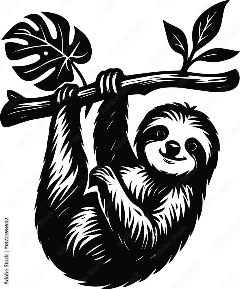 Obraz premium Sloth Hanging on Tree Branch - Sloth on Tree Silhouette - Relaxing Rainforest Animal Design, Sloth in Tree Ranch Scene
