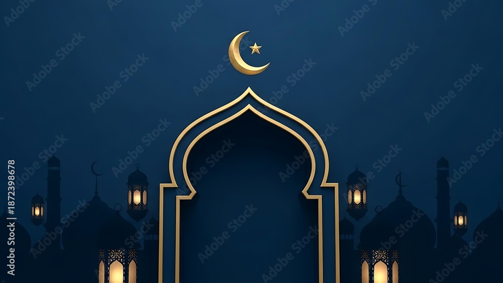 Fototapeta premium Ramadan Kareem Islamic Arch with Crescent Moon and Lanterns at Night