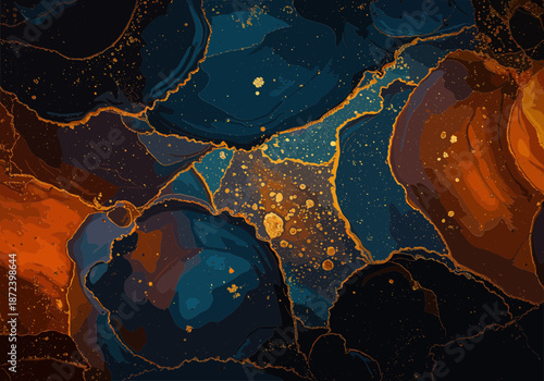 Abstract blue and amber alcohol ink background with golden glitter veins and fluid organic shapes