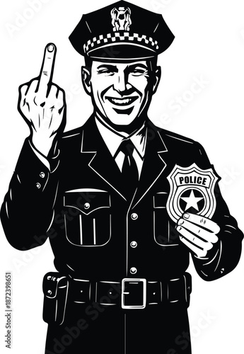 Police Officer Middle Finger Design - Edgy Cop Silhouette with Gesture, Cop Giving Middle Finger - Police Attitude Design - Rebel Officer Illustration