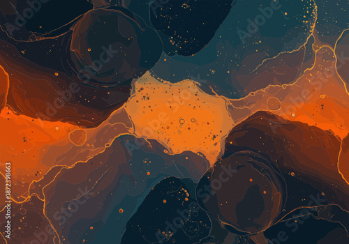 Vivid orange and dark teal alcohol ink washes blend with delicate golden metallic veins