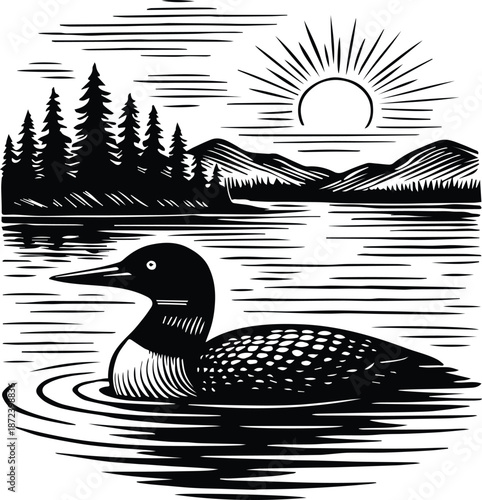 Loon Bird on Lake - Peaceful Lake Scene with Loon - Water Bird Nature, Calm Water and Loon - Northwoods Wildlife Design