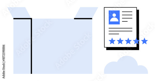 Open box alongside a document with a profile picture and five-star rating, symbolizing quality, review systems, feedback, digital storage, recruitment, packaging, and cloud computing