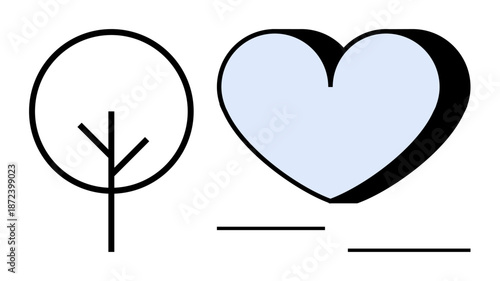 Sustainability, nature, logos, environmental care, love, positive messages. A tree symbol next to a modern heart shape with clean lines. Sustainability and nature