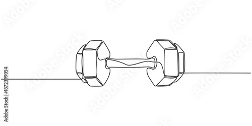 Minimalist one line drawing of dumbbell for fitness and gym, modern continuous line art, simple black outline, isolated on white background illustration.