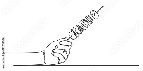 Continuous one line drawing human hand holding kebab. Hand holding skewers with roasted meat. Traditional food barbecue, steaks, kebab or shashlik. Single line draw design vector graphic illustration