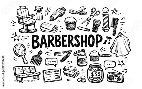 Hand-drawn barbershop icons and lettering create a vintage and artistic collage