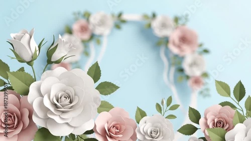 3D Paper flower wreath border with white and pink roses on pastel blue background. Wedding and spring invitation concept.