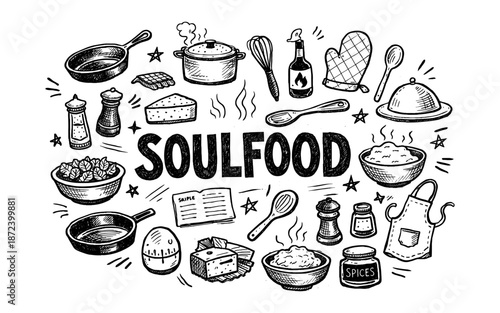 Hand-drawn illustration of soul food ingredients and cooking utensils with the word soulfood