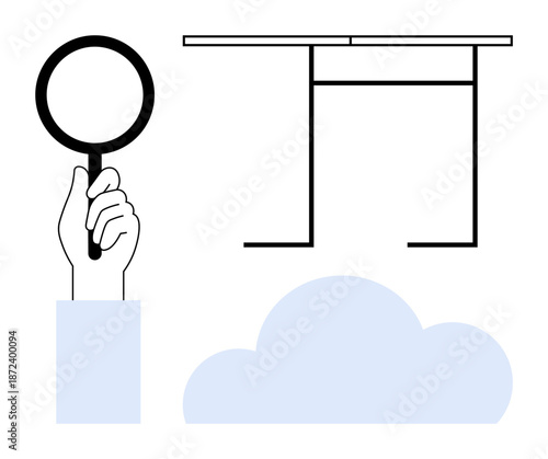 Data analysis, search optimization, cloud computing, minimal workspace, online tools, digital research. Hand with magnifying glass, minimalist table lines cloud element. Search optimization