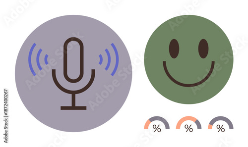 Feedback analysis, audio recording, customer satisfaction, communication tools, voice input, user experience. Microphone and happy face with percentage graphics. Feedback analysis and audio recording