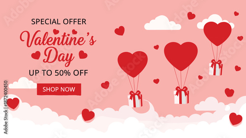 Valentine's Day special offer banner with heart balloons carrying gifts in clouds, pink flat vector illustration, shop now promotion, cad drawing.