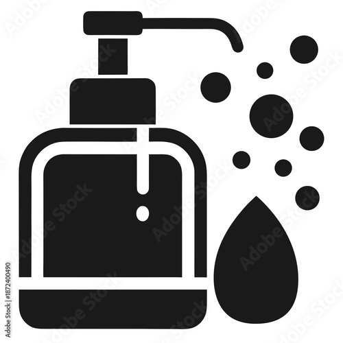 Title: A spray bottle with liquid droplets being dispensed from the nozzle in a black and white