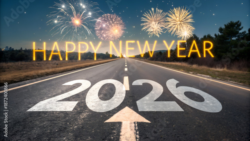 Wallpaper Mural happy new year 2026 Year 2026 and an arrow written on an asphalt road
 Torontodigital.ca